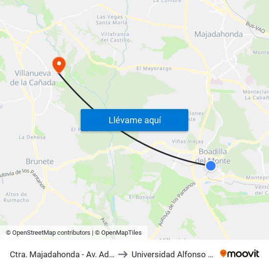 Ctra. Majadahonda - Av. Adolfo Suárez to Universidad Alfonso X El Sabio map