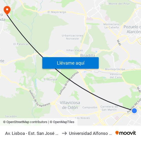 Av. Lisboa - Est. San José De Valderas to Universidad Alfonso X El Sabio map