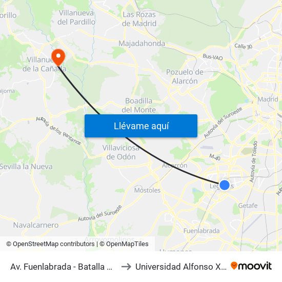 Av. Fuenlabrada - Batalla De Brunete to Universidad Alfonso X El Sabio map