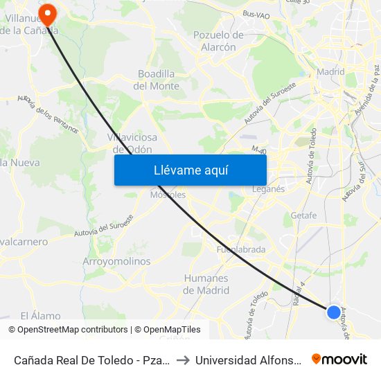 Cañada Real De Toledo - Pza. Las Mercedes to Universidad Alfonso X El Sabio map