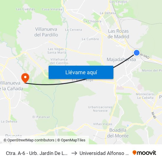 Ctra. A-6 - Urb. Jardín De Las Avenidas to Universidad Alfonso X El Sabio map