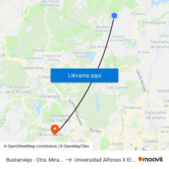 Bustarviejo - Ctra. Miraflores to Universidad Alfonso X El Sabio map