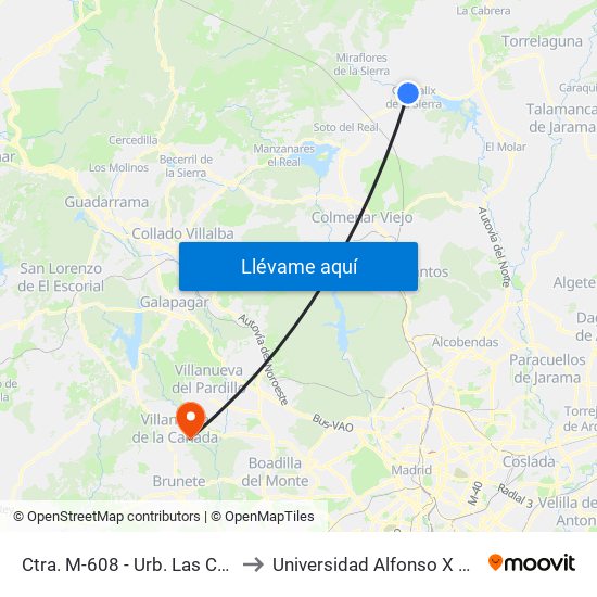 Ctra. M-608 - Urb. Las Cumbres to Universidad Alfonso X El Sabio map