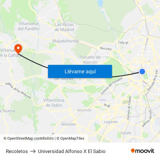 Recoletos to Universidad Alfonso X El Sabio map
