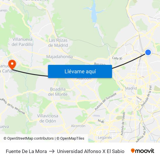 Fuente De La Mora to Universidad Alfonso X El Sabio map