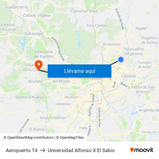 Aeropuerto T4 to Universidad Alfonso X El Sabio map