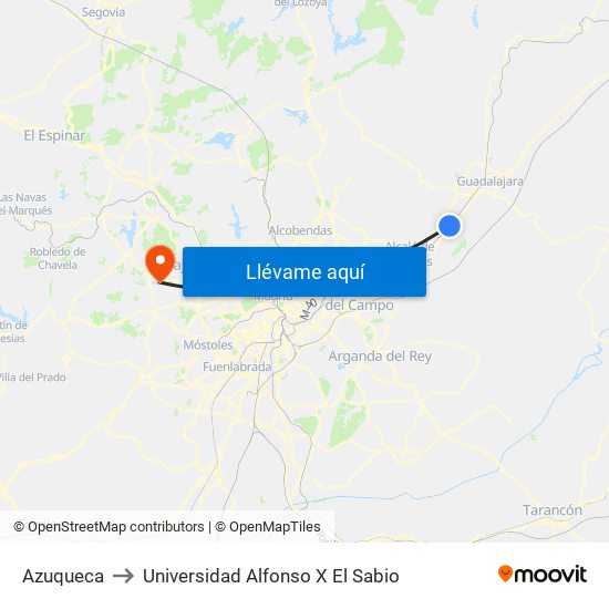 Azuqueca to Universidad Alfonso X El Sabio map