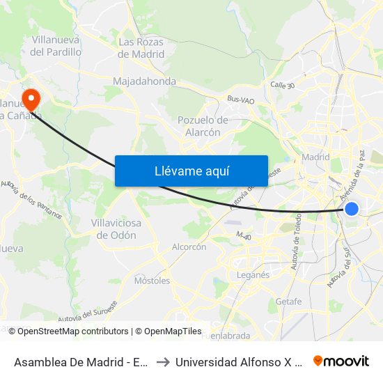 Asamblea De Madrid - Entrevías to Universidad Alfonso X El Sabio map
