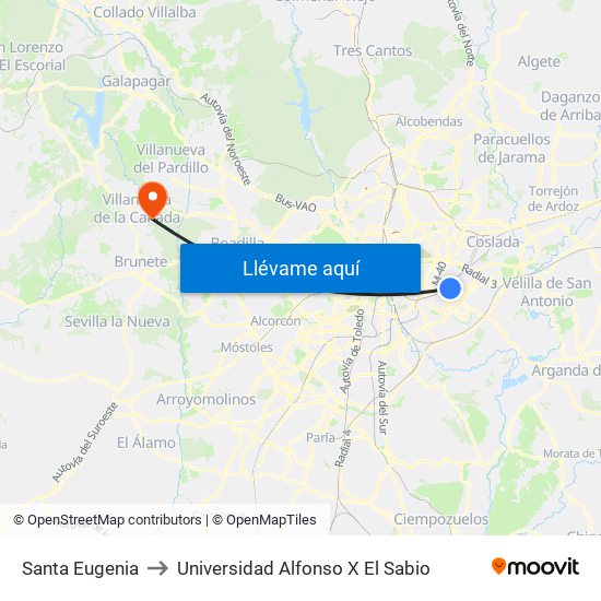 Santa Eugenia to Universidad Alfonso X El Sabio map