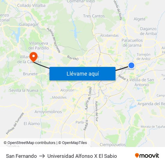 San Fernando to Universidad Alfonso X El Sabio map