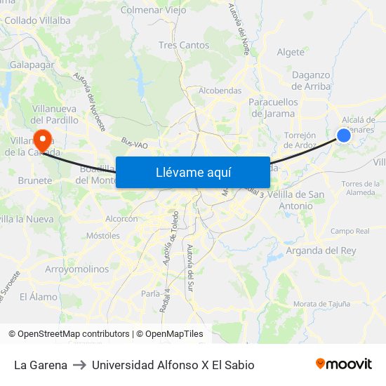 La Garena to Universidad Alfonso X El Sabio map