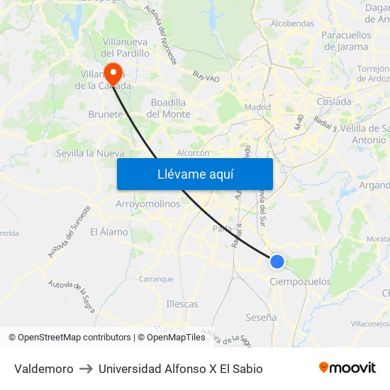 Valdemoro to Universidad Alfonso X El Sabio map