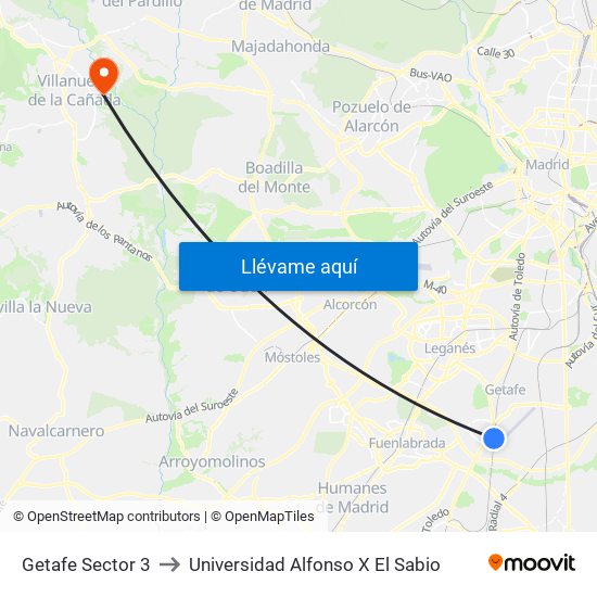 Getafe Sector 3 to Universidad Alfonso X El Sabio map
