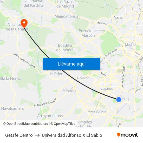 Getafe Centro to Universidad Alfonso X El Sabio map