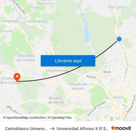 Cantoblanco Universidad to Universidad Alfonso X El Sabio map