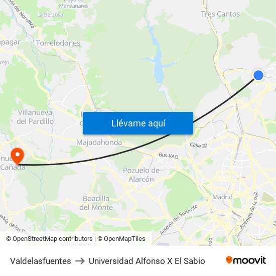 Valdelasfuentes to Universidad Alfonso X El Sabio map