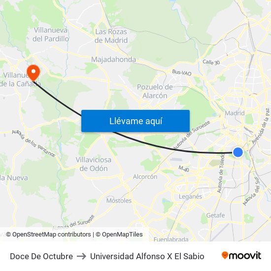 Doce De Octubre to Universidad Alfonso X El Sabio map