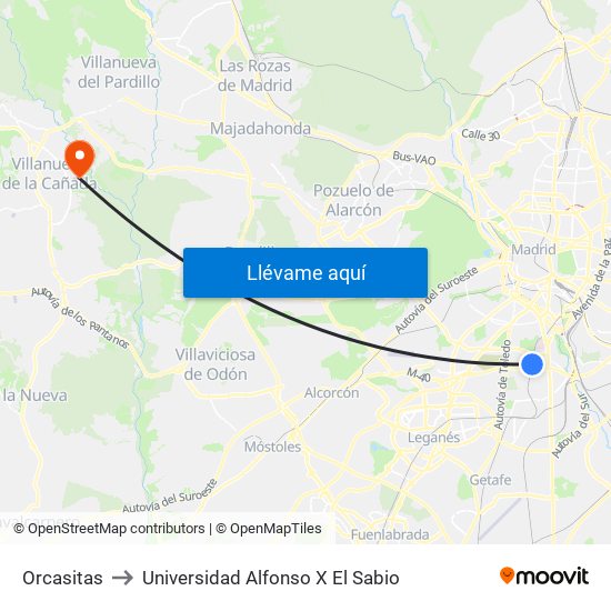 Orcasitas to Universidad Alfonso X El Sabio map