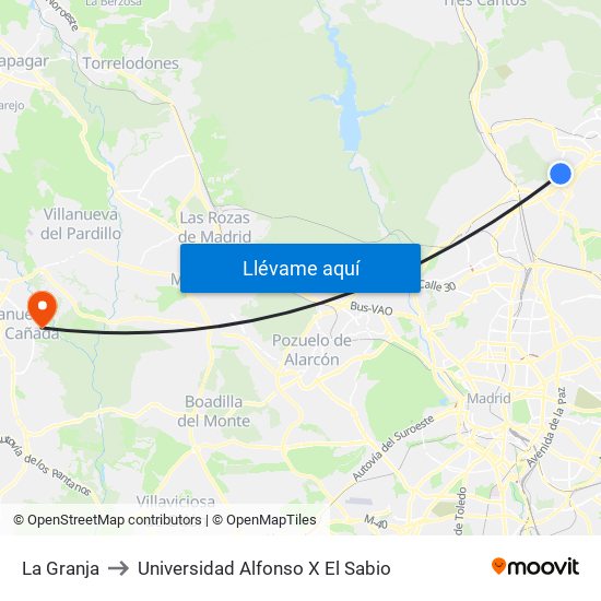 La Granja to Universidad Alfonso X El Sabio map