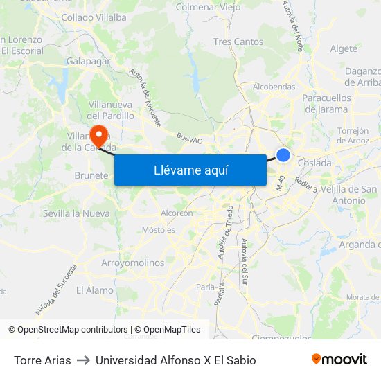 Torre Arias to Universidad Alfonso X El Sabio map