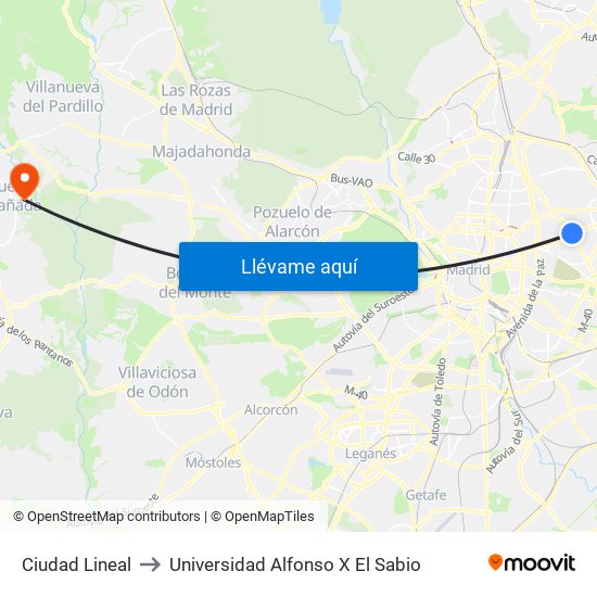 Ciudad Lineal to Universidad Alfonso X El Sabio map