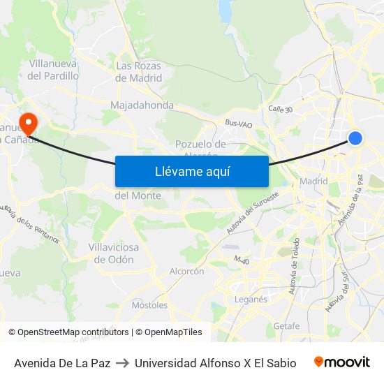 Avenida De La Paz to Universidad Alfonso X El Sabio map