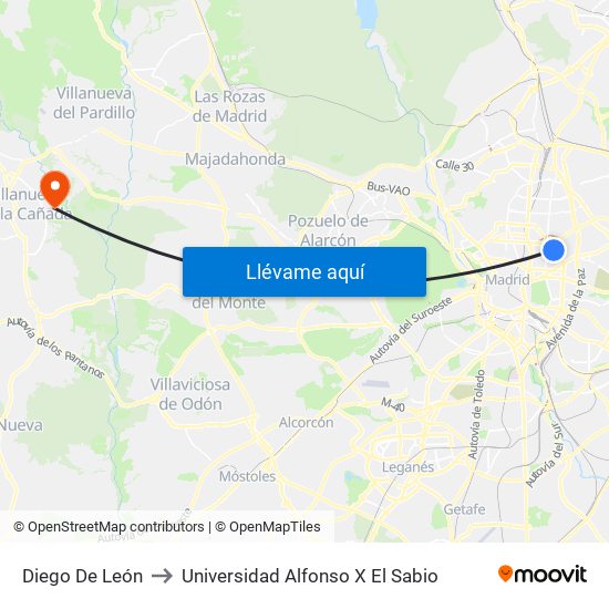 Diego De León to Universidad Alfonso X El Sabio map