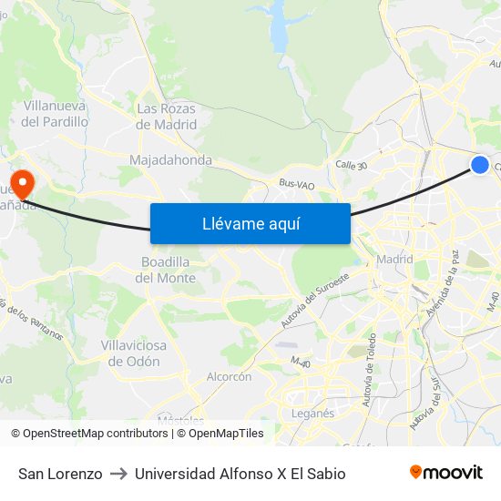 San Lorenzo to Universidad Alfonso X El Sabio map