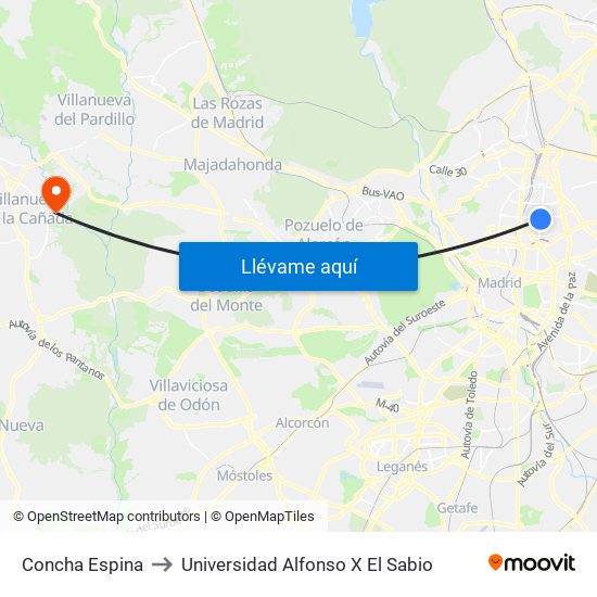 Concha Espina to Universidad Alfonso X El Sabio map