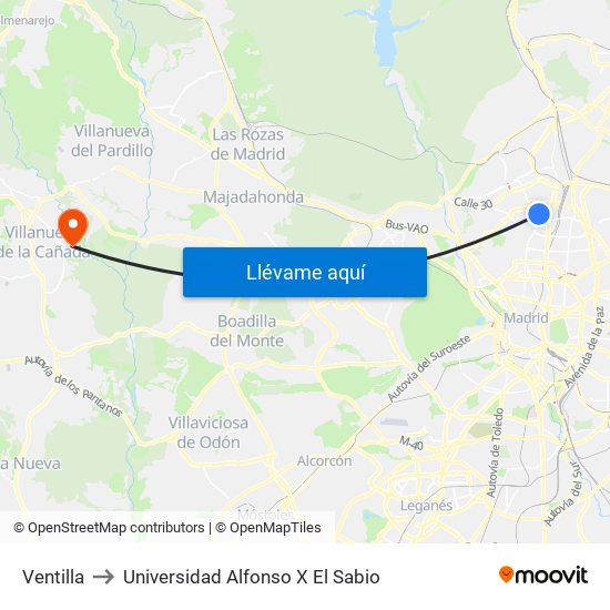 Ventilla to Universidad Alfonso X El Sabio map