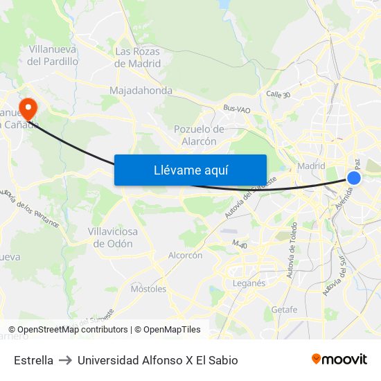Estrella to Universidad Alfonso X El Sabio map