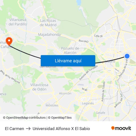 El Carmen to Universidad Alfonso X El Sabio map