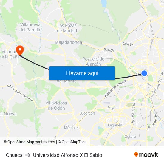 Chueca to Universidad Alfonso X El Sabio map