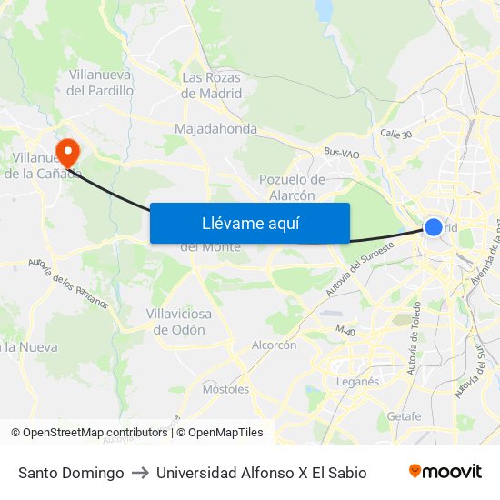 Santo Domingo to Universidad Alfonso X El Sabio map