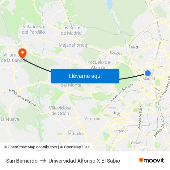 San Bernardo to Universidad Alfonso X El Sabio map