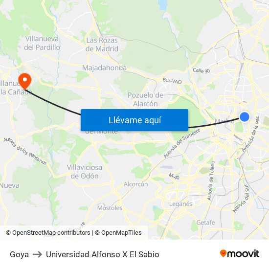 Goya to Universidad Alfonso X El Sabio map