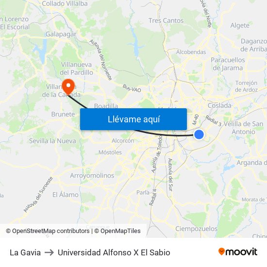La Gavia to Universidad Alfonso X El Sabio map