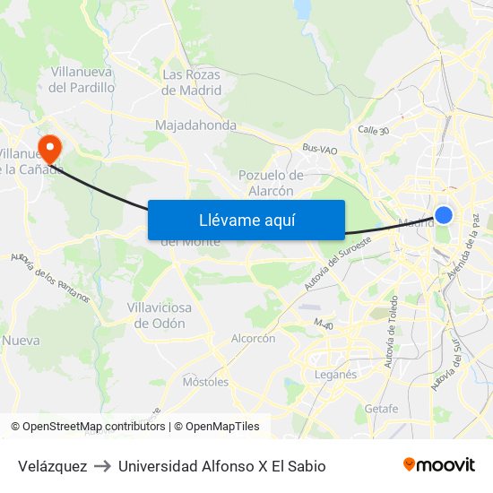 Velázquez to Universidad Alfonso X El Sabio map