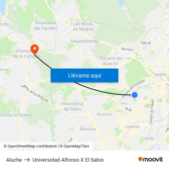 Aluche to Universidad Alfonso X El Sabio map