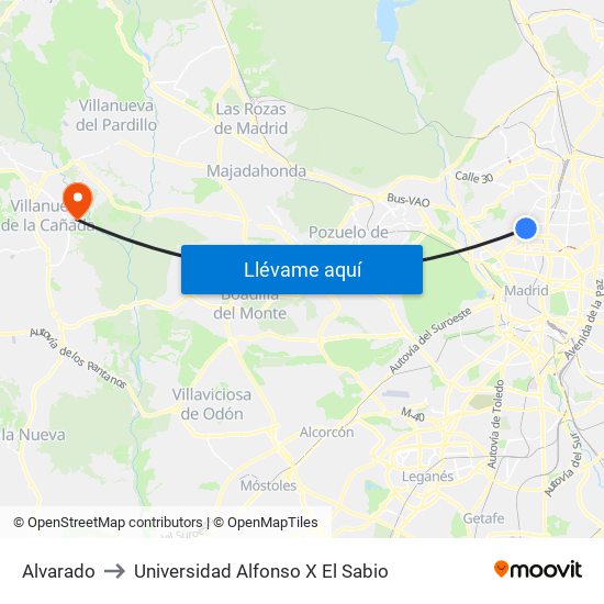 Alvarado to Universidad Alfonso X El Sabio map