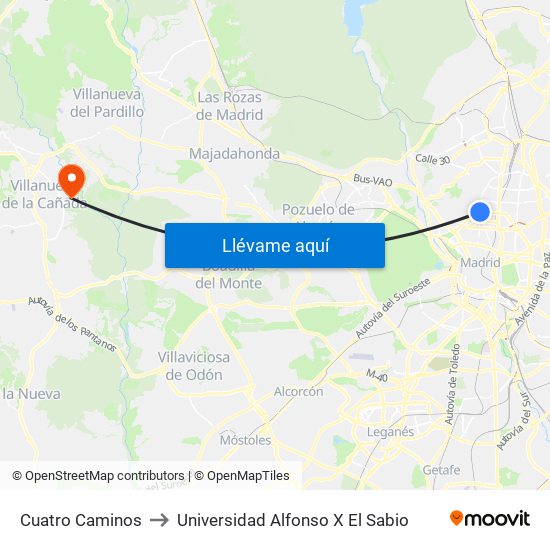 Cuatro Caminos to Universidad Alfonso X El Sabio map