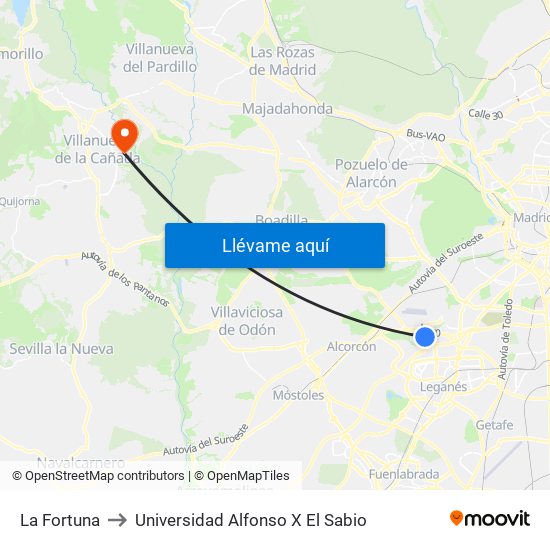 La Fortuna to Universidad Alfonso X El Sabio map