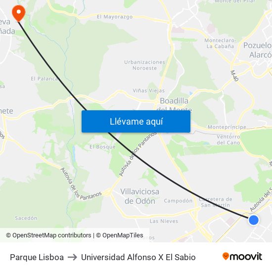 Parque Lisboa to Universidad Alfonso X El Sabio map