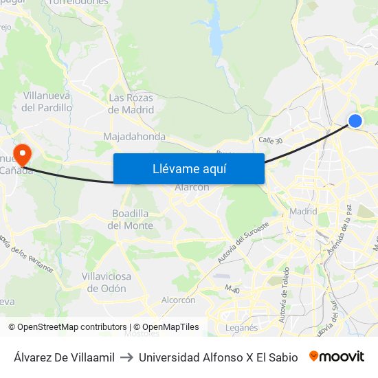 Álvarez De Villaamil to Universidad Alfonso X El Sabio map