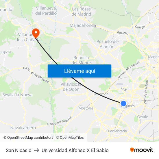 San Nicasio to Universidad Alfonso X El Sabio map