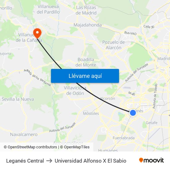 Leganés Central to Universidad Alfonso X El Sabio map