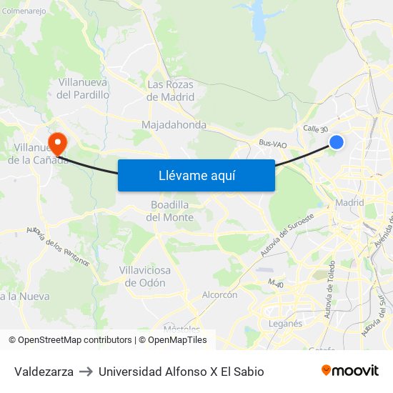 Valdezarza to Universidad Alfonso X El Sabio map