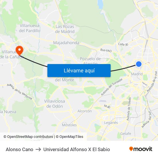 Alonso Cano to Universidad Alfonso X El Sabio map