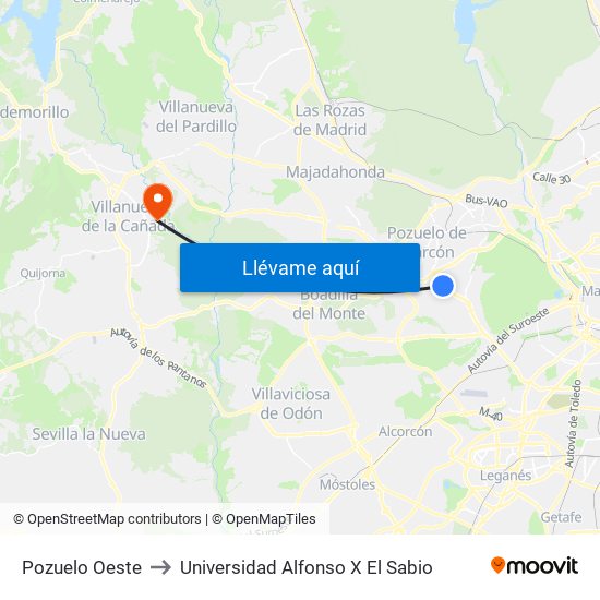 Pozuelo Oeste to Universidad Alfonso X El Sabio map