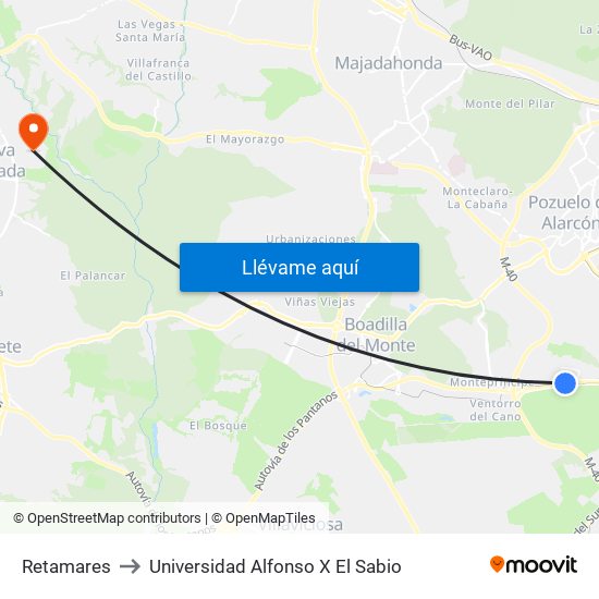 Retamares to Universidad Alfonso X El Sabio map